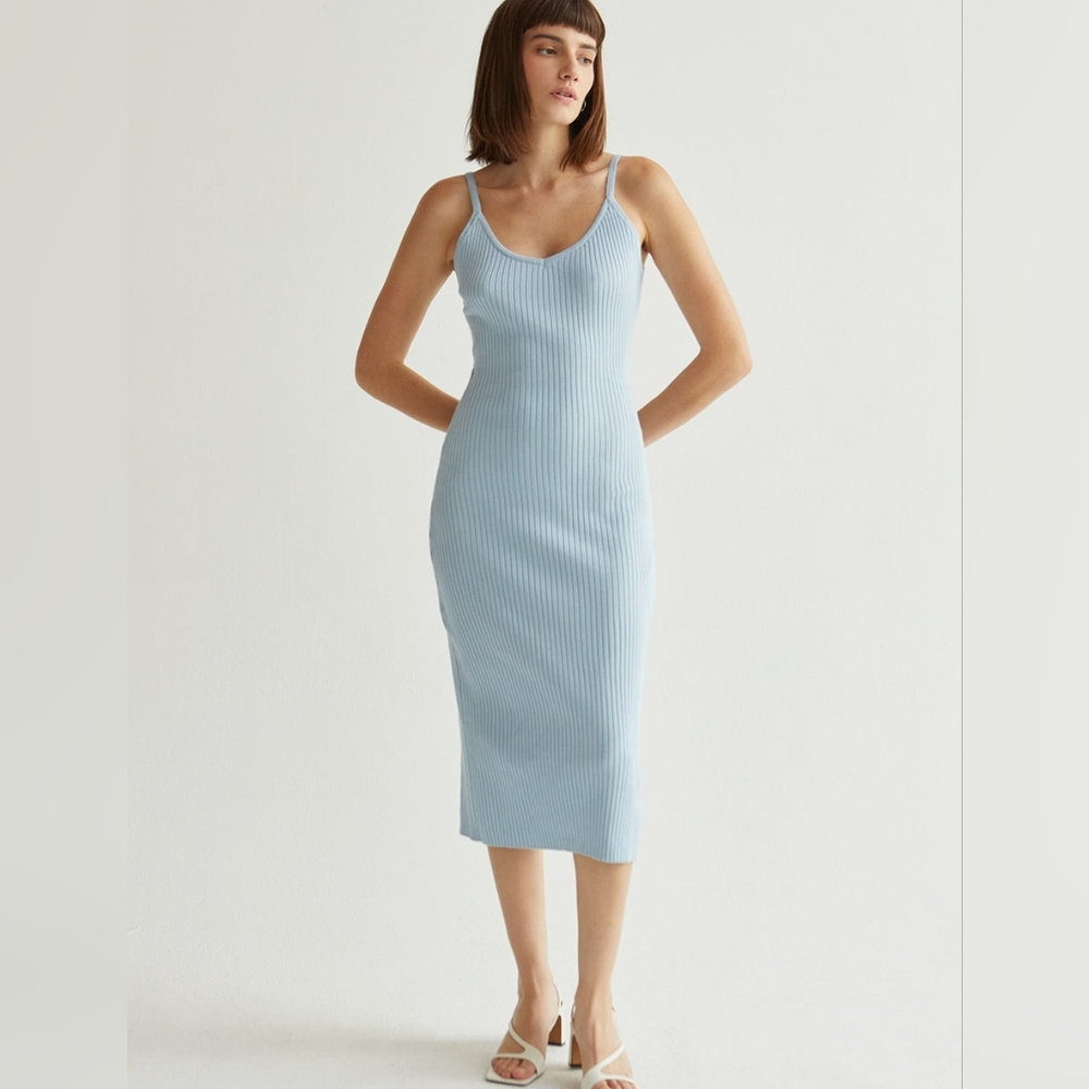 Crescent L Ribbed fitted Powder blue Midi tank top dress large NWT 💙